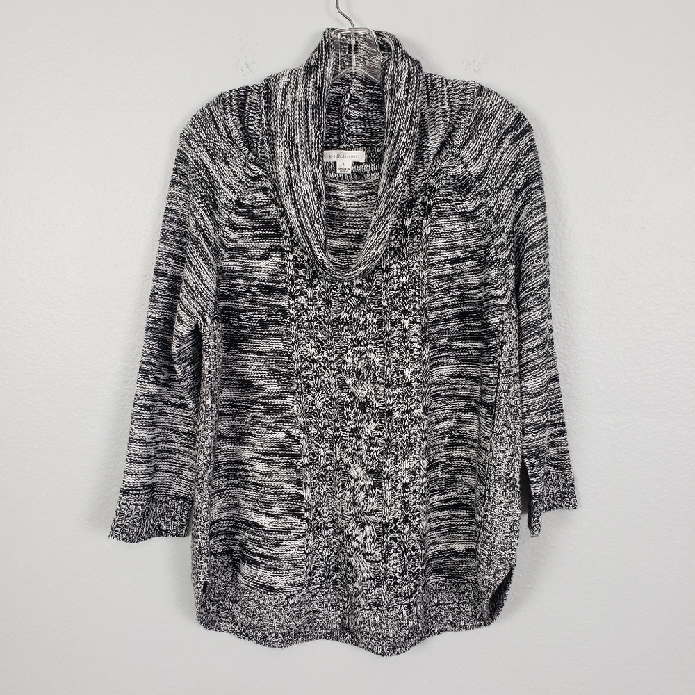 JOHN PAUL RICHARD Cowl Neck 3/4 Sleeve Curved Hem Sweater Black White Sz L